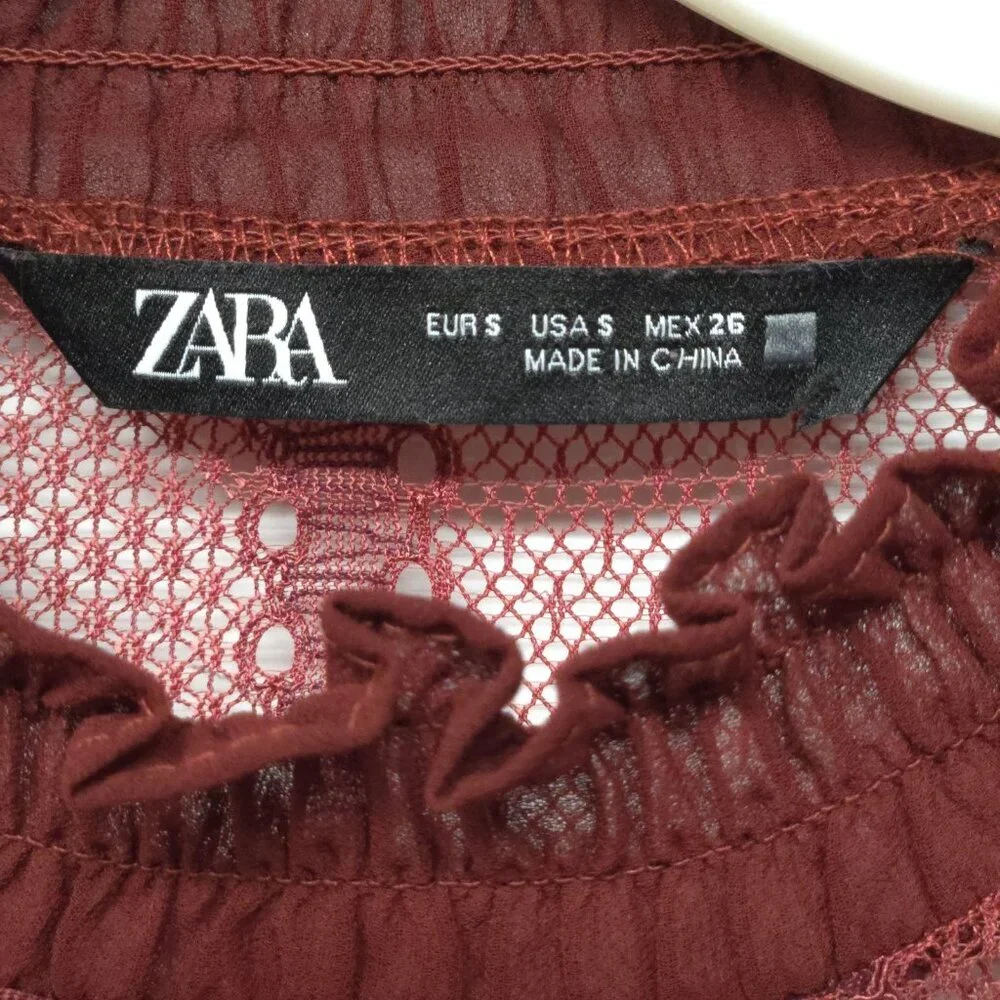 Zara Sheer Lace Blouse S Smocked Ruffle Burgundy Red Boho Romantic Whimsigoth - Picture 5 of 15